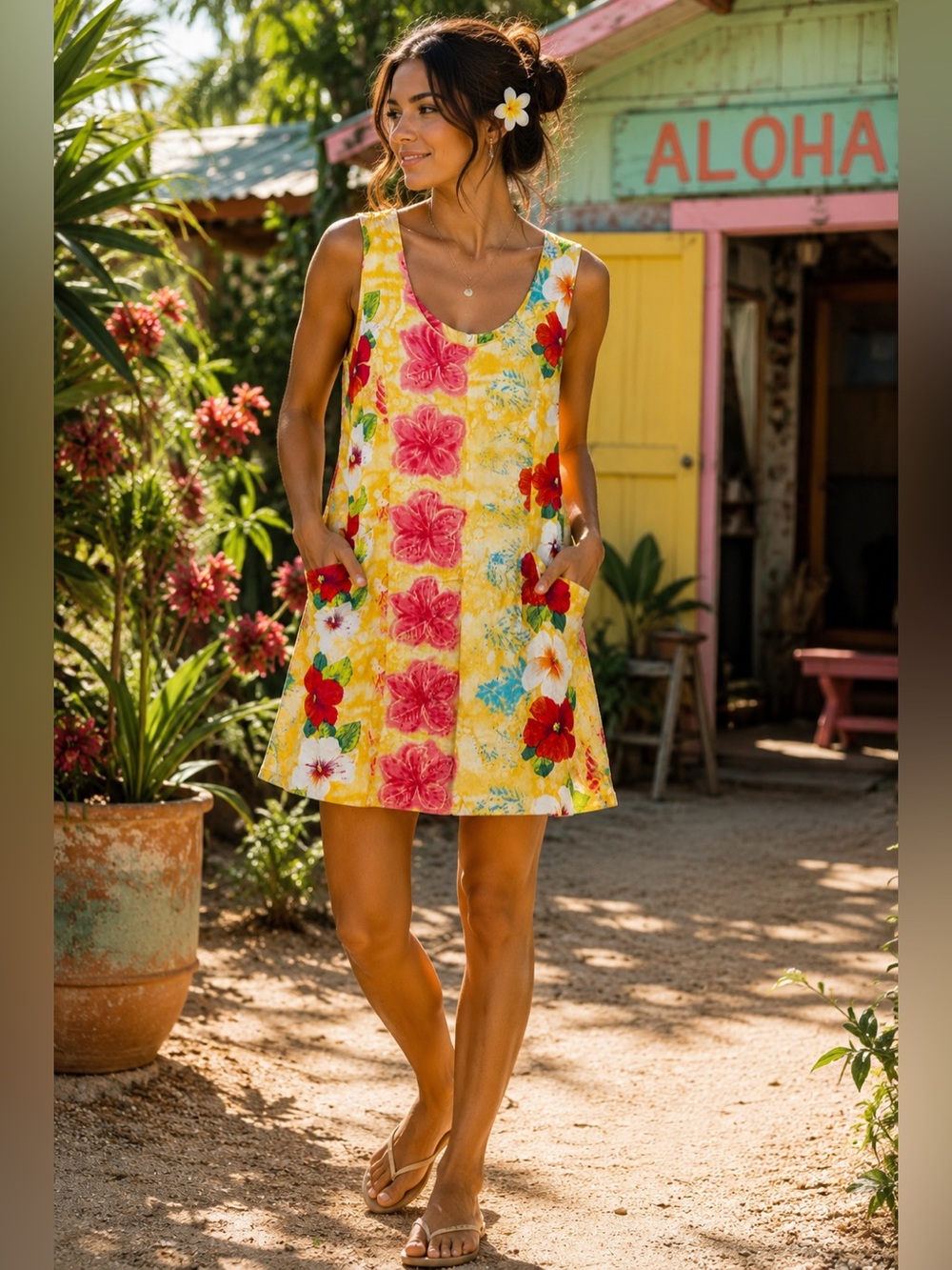 Jams World Vintage Rayon Yellow Hibiscus Tropical Floral Mini Dress